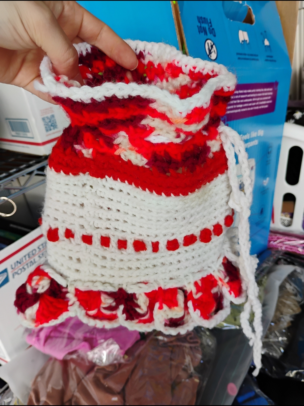 Handmade One Of A Kind White and Red Crochet Drawstring Bag